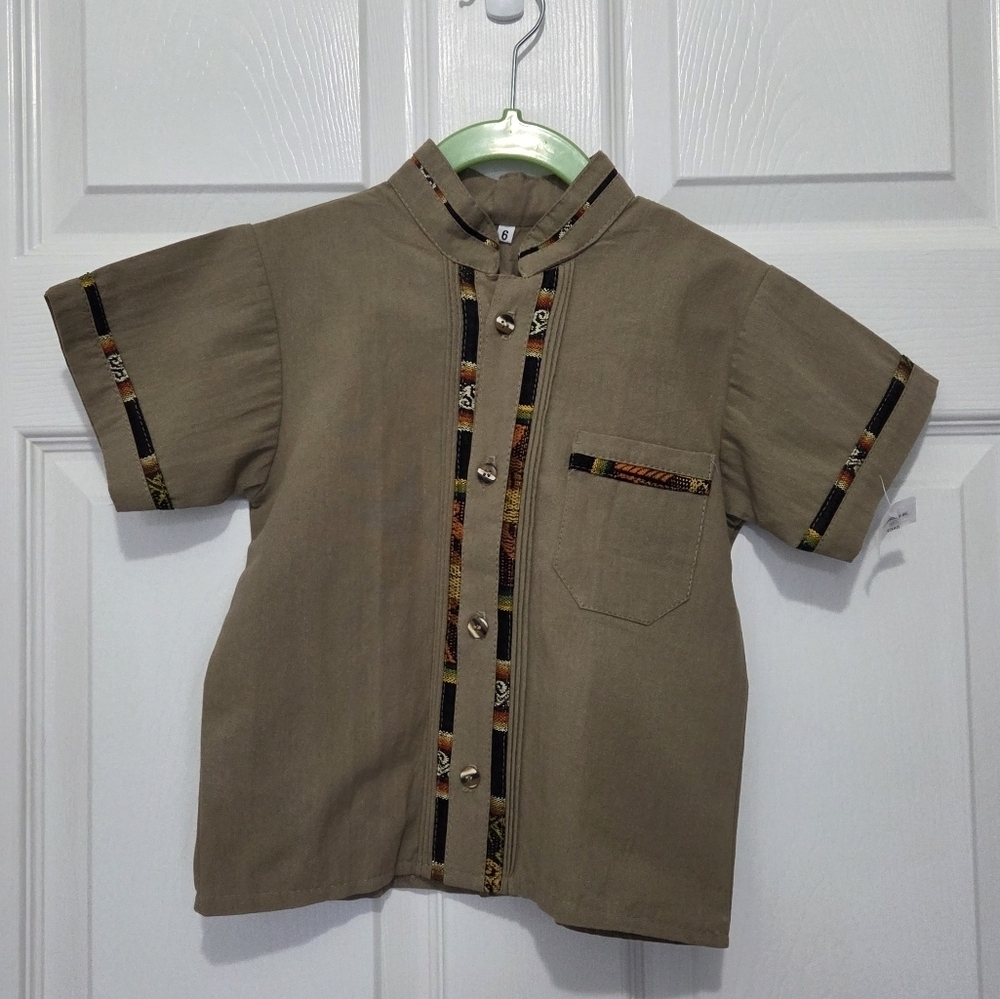 Boys Traditional Embroidered Mexican Guayabera Brown Button up Shirt Size 6